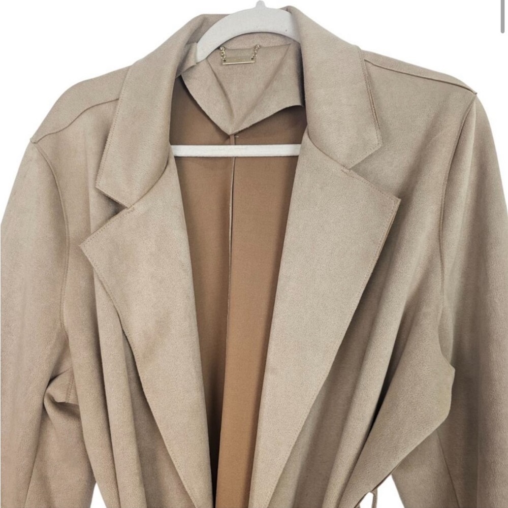 New Tahari Faux Leather Trench Coat Womens L Nude Retro Y2K Suede Pockets Belted